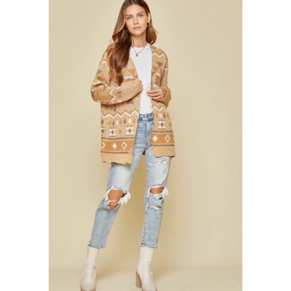Taupe Gray Boho Aztec Open Cardigan Sweater - Picture 5 of 6
